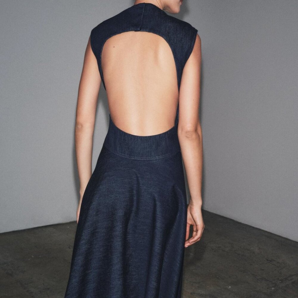 NWT Blue Denim Backless Midi Dress